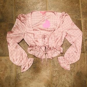 NWT Sugar Thrillz Rose Cup Of Tea Satin Tie Front Top